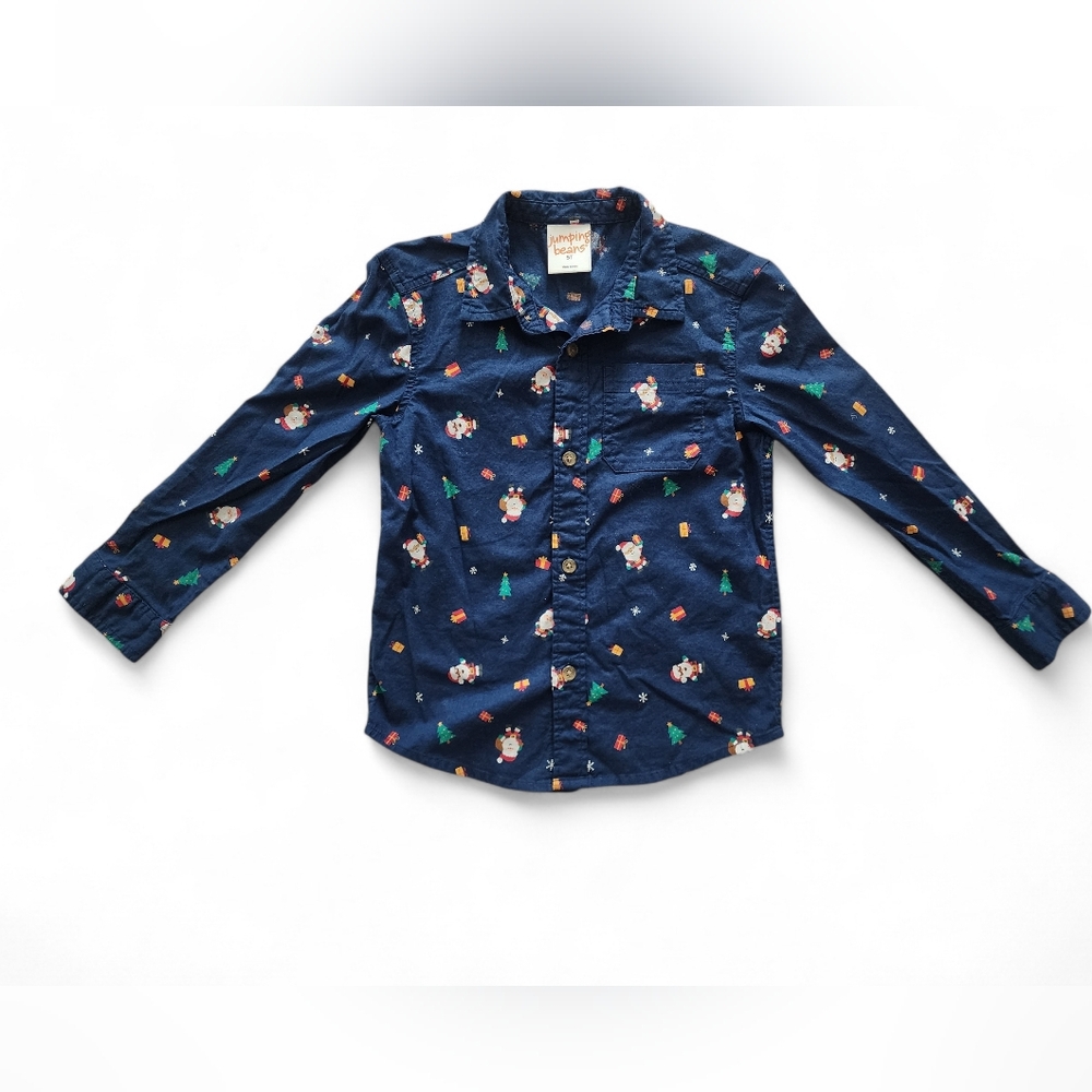 Jumping Beans Navy Blue  Boys Christmas Santa Button Down Shirt - Size 5T